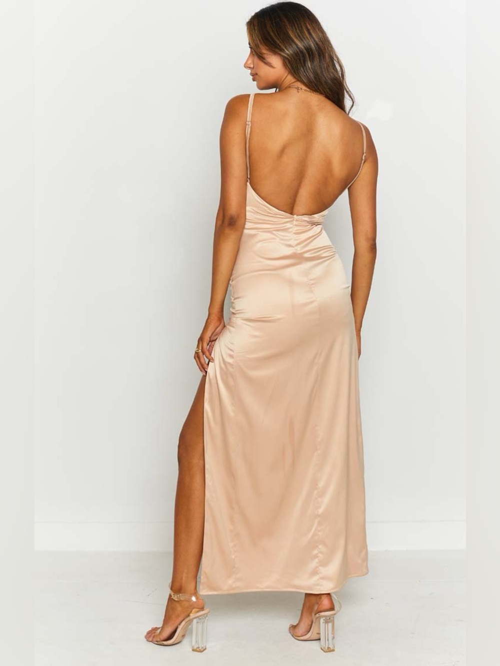 The Edit Freesia Formal Dress Medium Champagne Side Slit Satin Open Back Maxi - Picture 7 of 12